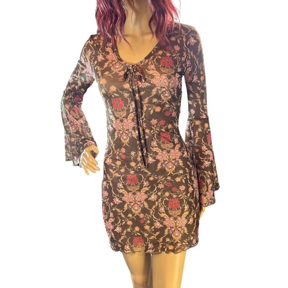 70s Style Bell Sleeve Retro Festival Style Mini Dress - Earth Colors - XS - Picture 1 of 6